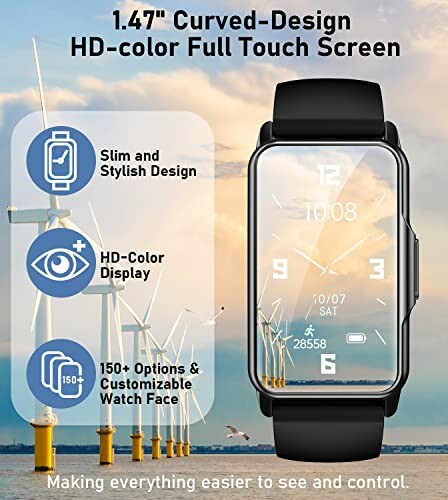 Smartwatch with magnetic charging and long battery life features.