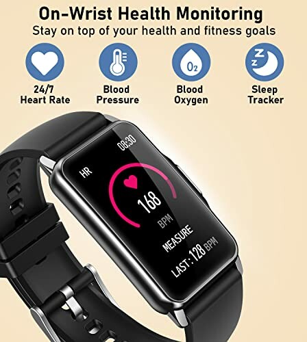 Smartwatch displaying health monitoring features including heart rate, blood pressure, blood oxygen, and sleep tracker.