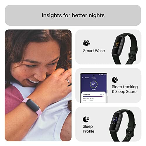 Woman wearing smartwatch with sleep tracking features displayed.