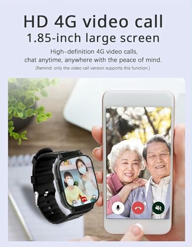 Smartwatch and smartphone video call with elderly couple displayed.