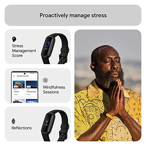 Image showcasing stress management features of a wearable device including mindfulness sessions and reflections.