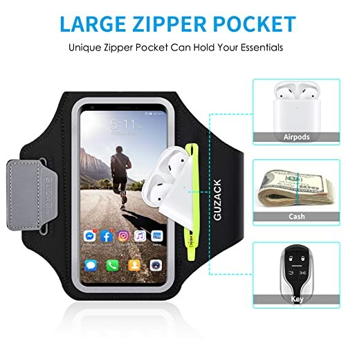 Phone armband with large zipper pocket holding essentials like AirPods, cash, and key.